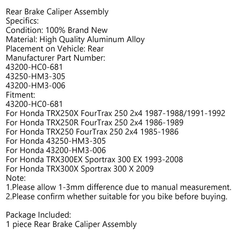 Rear Brake Caliper Assembly 43200-HC0-681 For Honda TRX250 X/R TRX300 EX/X Generic