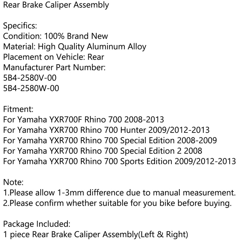 Conjunto de pinza de freno trasero para Yamaha YXR700F Rhino 700 Hunter Sports 12-13 genérico