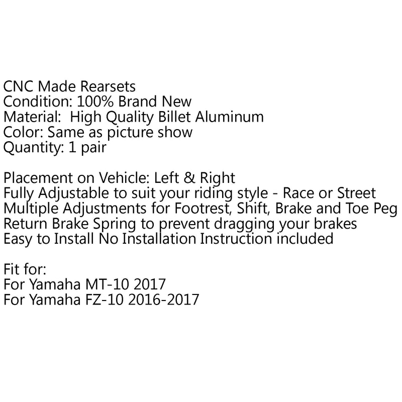 Juego de reposapiés traseros ajustables para Yamaha MT-10 FZ10 2017-2019 genérico