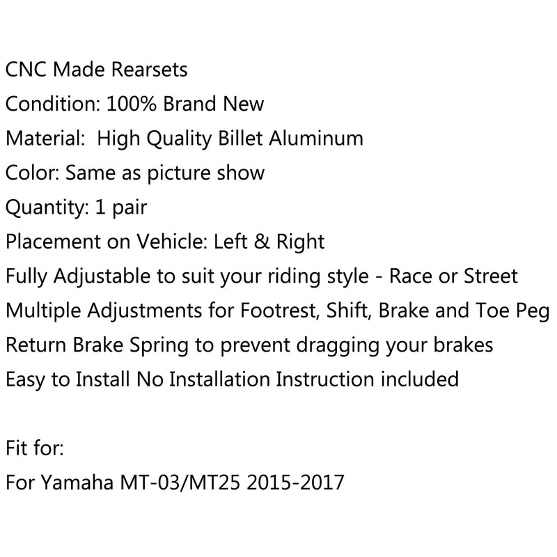 Estriberas traseras ajustables para motocicleta para Yamha MT-03/MT25 2015+ genérico