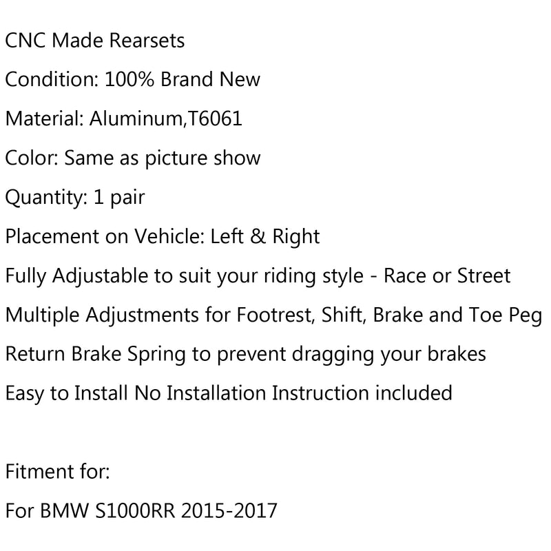مساند قدم للدراجة النارية باستخدام الحاسب الآلي مجموعات خلفية أوتاد قدم لسيارات BMW S1000RR 2015-2017 Generic