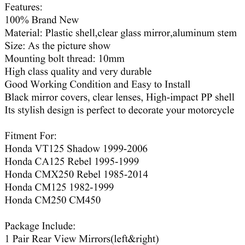 Par de espejos retrovisores de motocicleta para Honda CA125 CMX250 Rebel CM125 VT125 Shadow Generic
