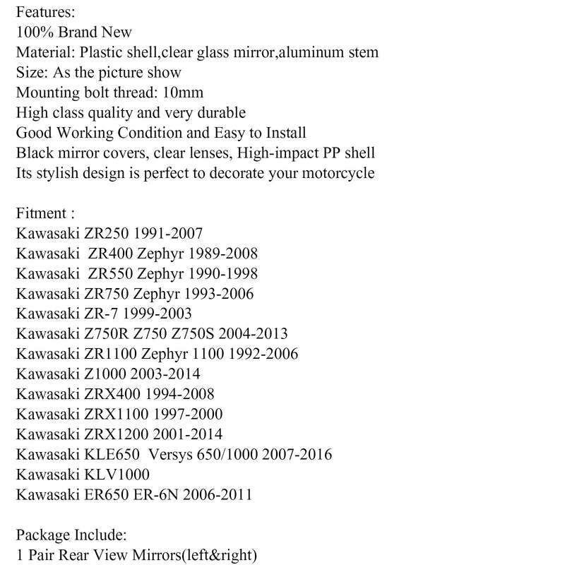 Par de espejos retrovisores de 10 mm para Kawasaki ZR-7 ZRX1200 2001-2008 Zephyr 1100/750 Genérico