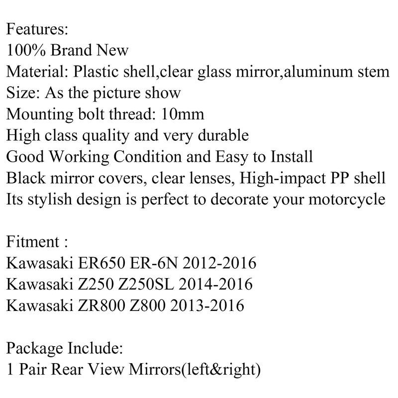 Espejos retrovisores de 10 mm para Kawasaki ER650 ER-6N 12-16 ZR800 Z800 13-16 Z250SL Genérico