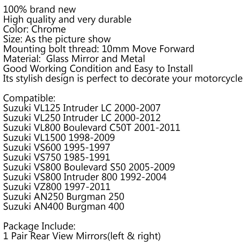Espejo retrovisor de 10mm, espejo lateral trasero, avance para Suzuki VS600 VS750 VL800 genérico