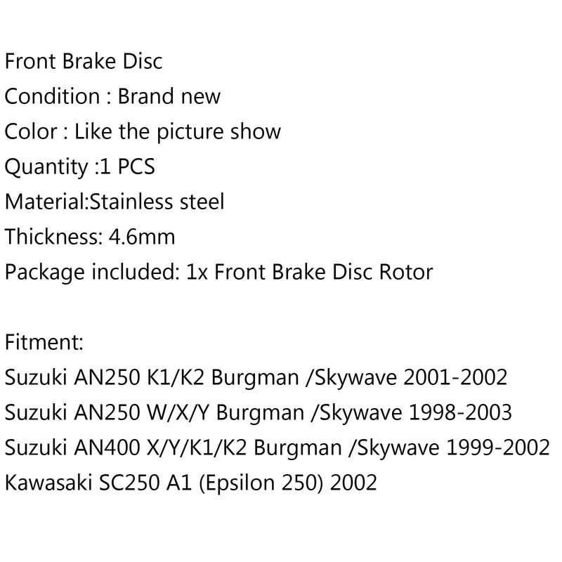 Rotor de disco de freno delantero para Suzuki AN250 K1/K2 01-02 AN400 W/X/Y Kawasaki SC250 genérico