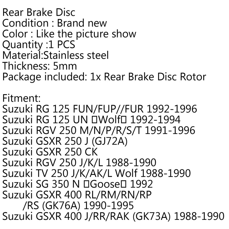 Disco de Freno Trasero para Suzuki RGV 250 M/N/P/R/S/T Suzuki GSXR 250 J CK 400 Genérico