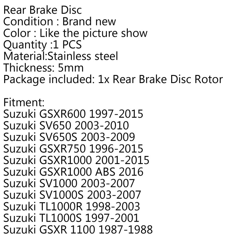 Disco de Freno Trasero para Suzuki SV650/S 03-09 SV1000/S 03-07 TL1000R/S 98-03 Genérico