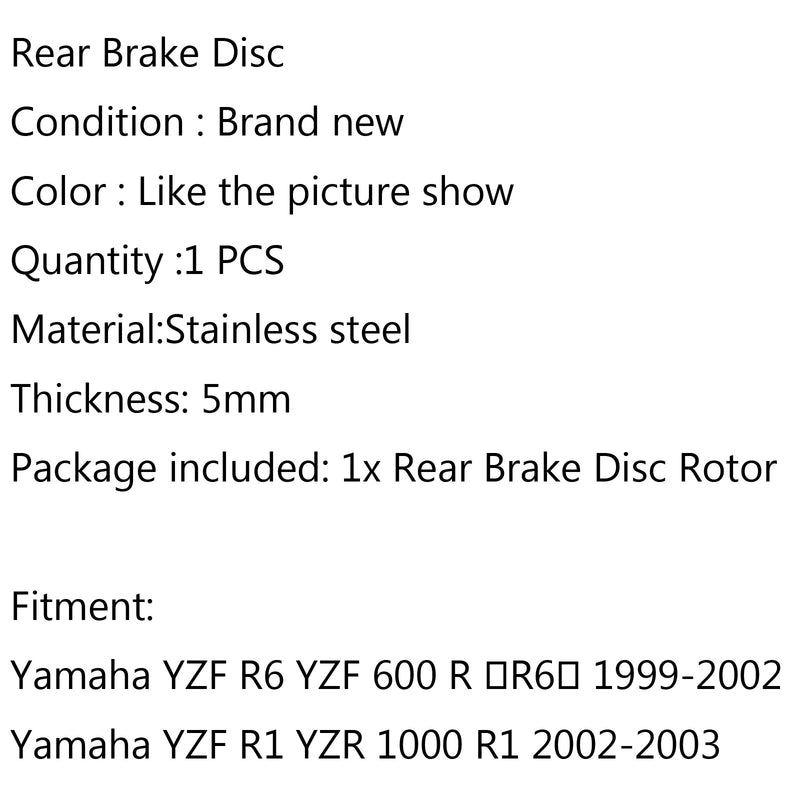 Rotor de disco de freno trasero para Yamaha YZF R6 YZF 600 R ?R6? 99-02 YZR 1000 R1 02-03 Genérico