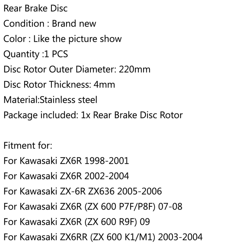 Rear Disc Brake Rotor For Kawasaki ZX 6R NINJA 636 ABS ER-6F ER-6N Z750 Generic