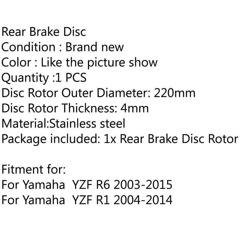 Rotor de disco de freno trasero para Yamaha YZF R1 2004-2014 YZF R6 2003-2015 220 mm 8.7 Genérico