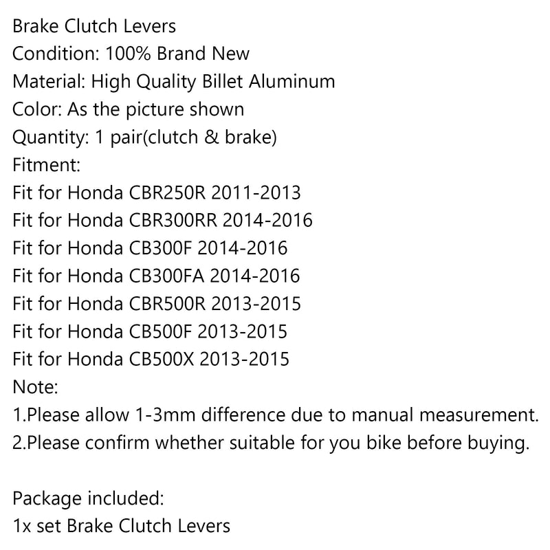 Palancas de embrague de freno para Honda CBR300RR CB300F/FA 14-16 CBR500R CB500F/X 13-15 genérico