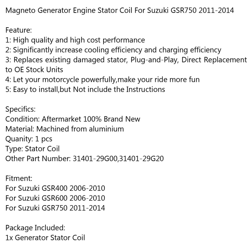 Bobina del estator del generador para Suzuki GSR400 (06-10) GSR600 (06-10) GSR750 (11-14) Genérico