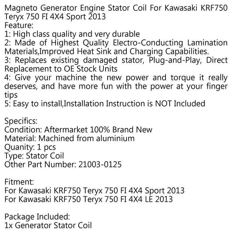 Bobina del estator del generador para Kawasaki KRF750 Teryx 750 FI 4X4 Sport LE (2013) Genérico