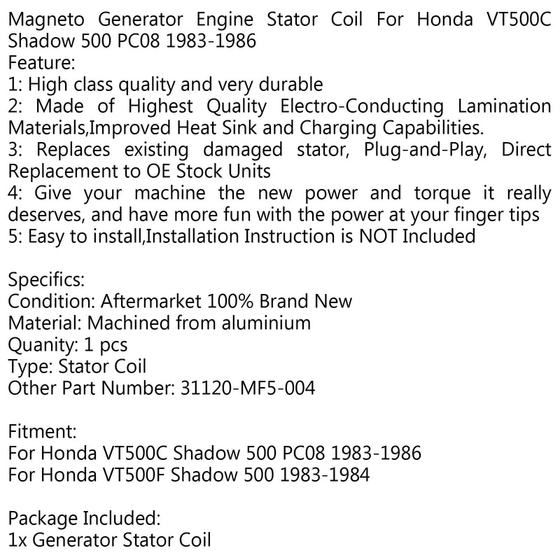 Bobina del estator del generador para Honda VT500C Shadow 500 PC08 (83-86) VT500F Shadow 500 Genérico