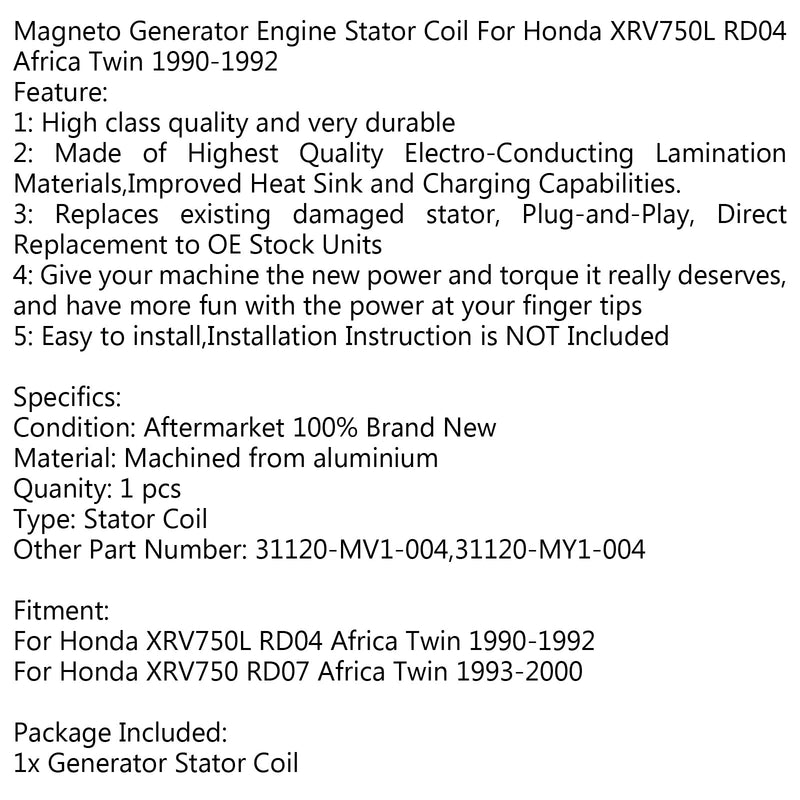 Bobina del estator del generador 31120-MY1-004 para Honda XRV750L RD04 Africa Twin (90-92) genérico