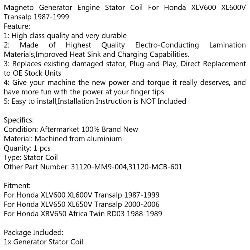 Bobina del estator del generador para Honda XLV600 XL600V Transalp (87-99) XL650V Transalp Genérico