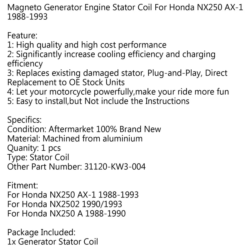 Bobina del estator del generador para Honda NX250 AX-1 (88-93) NX250 A 88-90 NX2502 (1990/1993) Genérico