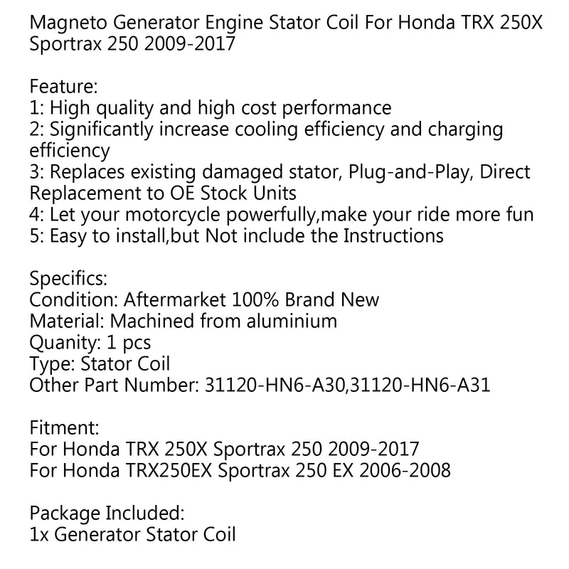 Bobina del estator del generador 31120-HN6-A31 para Honda TRX250EX Sportrax 250 EX (06-08) genérico