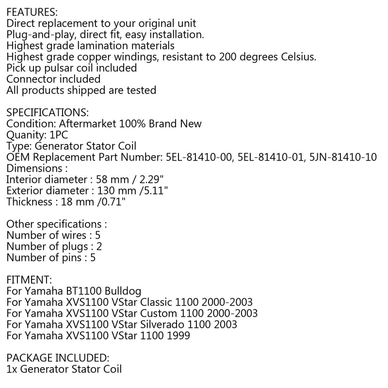 Generator Stator Coil For Yamaha XVS1100 VStar 00-03 5EL-81410-00 5EL-81410-01 Generic