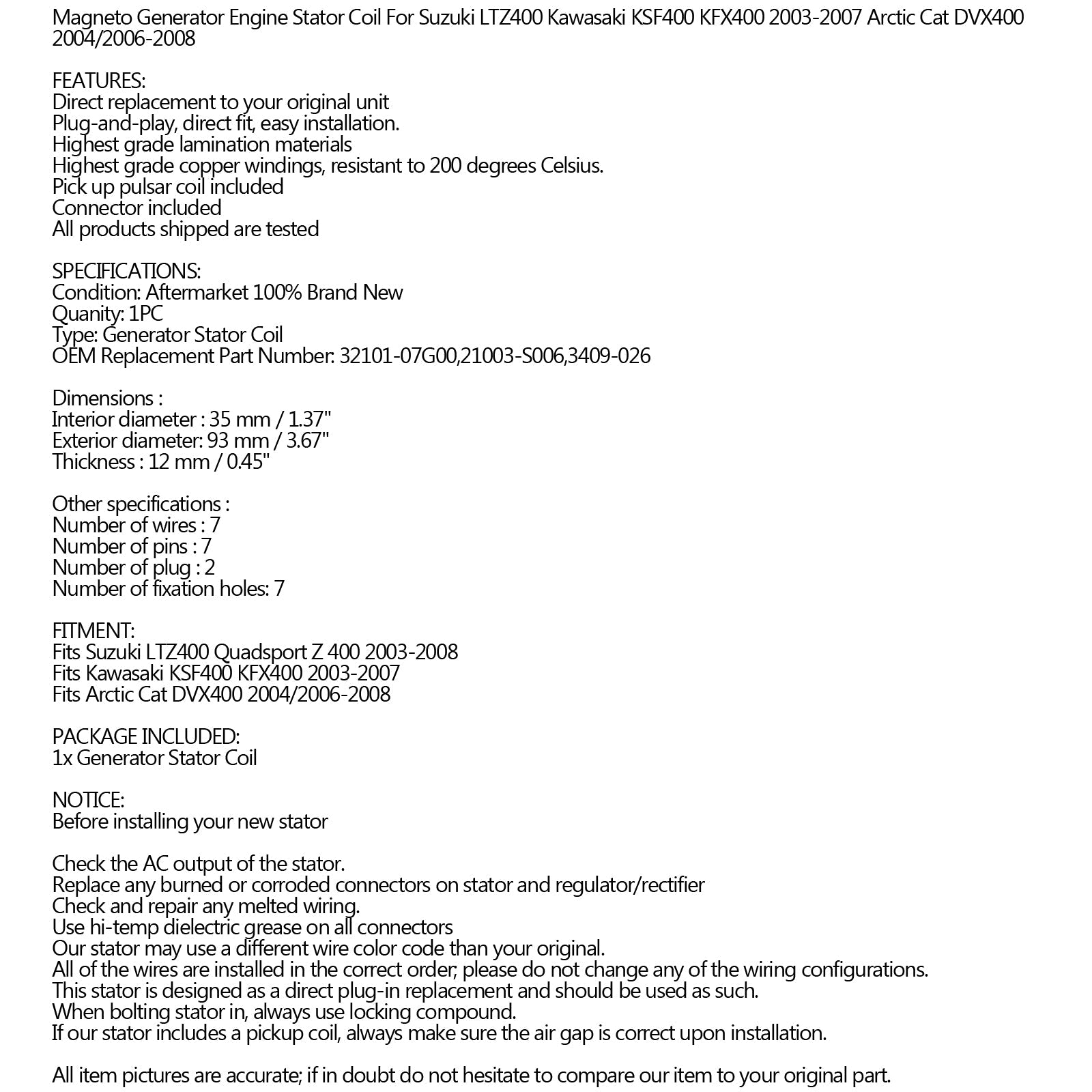 Magneto Generator Stator Coil for Kawasaki 21003-S006 KFX400 KSF400 2003-2007 Generic