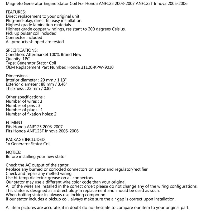 مولد مغناطيسي الملف الثابت لهوندا 31120-KPW-9010 ANF125 T إنوفا 2003-07 عام