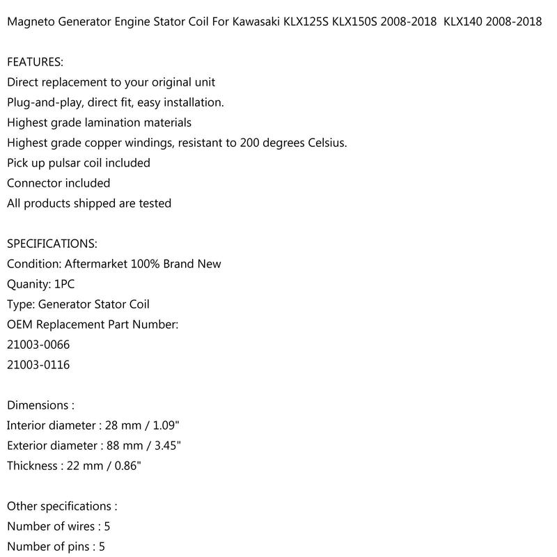 Bobina del estator del generador Magneto para Kawasaki KLX125S KLX150S KLX140 LAG 08-18 genérico