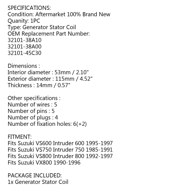 مولد مغناطيسي الملف الثابت لسوزوكي VS600 VS750 VS800 الدخيل VX800 90-97 عام
