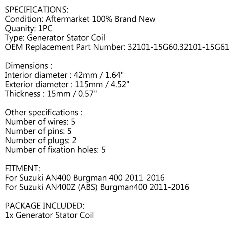 Estator generador para Suzuki Burgman 400 AN400 AN400Z ABS 2011-2016 32101-15G61 Genérico