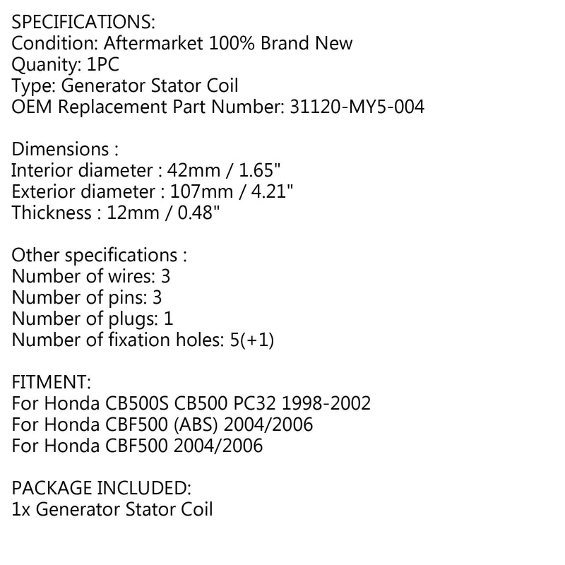 Estator generador para Honda CB500S CB500 PC32 1998-2002 CBF500 ABS 2004/2006 Genérico