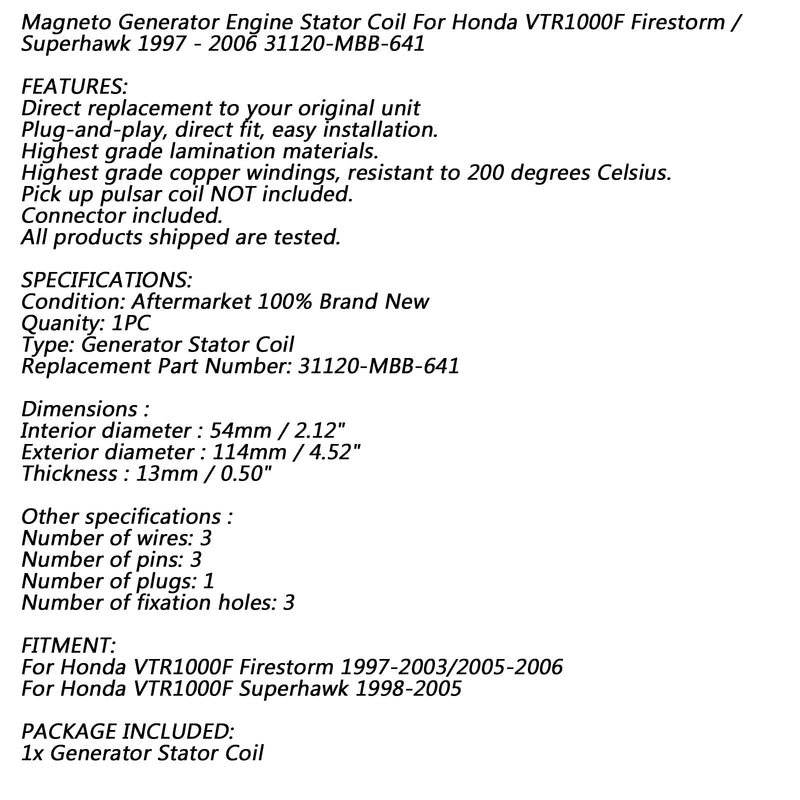 لفائف الجزء الثابت 18 أقطاب لسيارة Honda VTR1000F Firestorm/Superhawk 1997-2003/2005-2006 عام