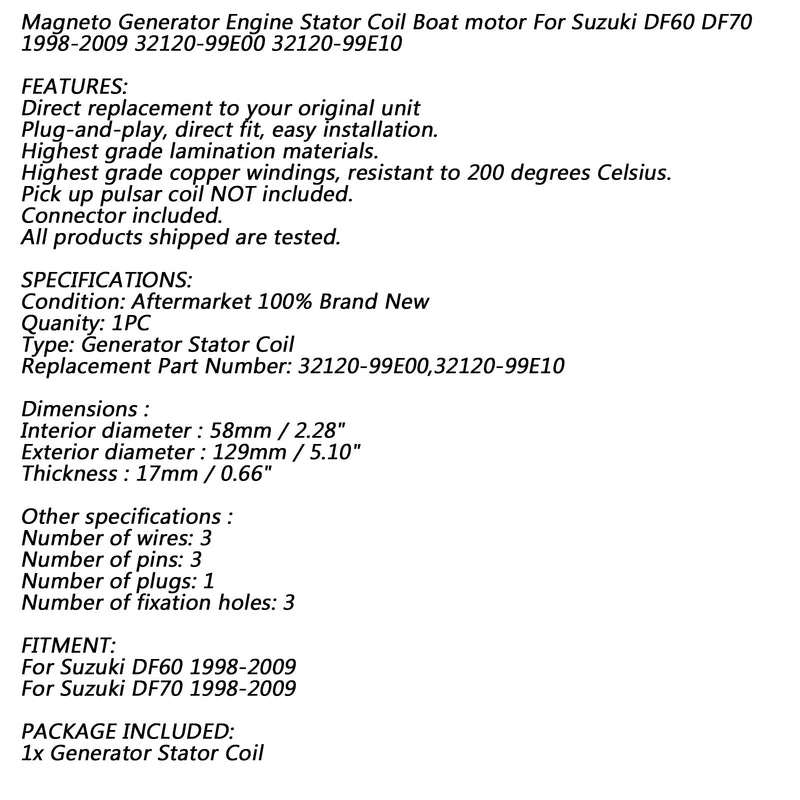 Bobina de carga de batería de estator externo 18 polos para Suzuki DF60 DF70 1998-2009 genérico