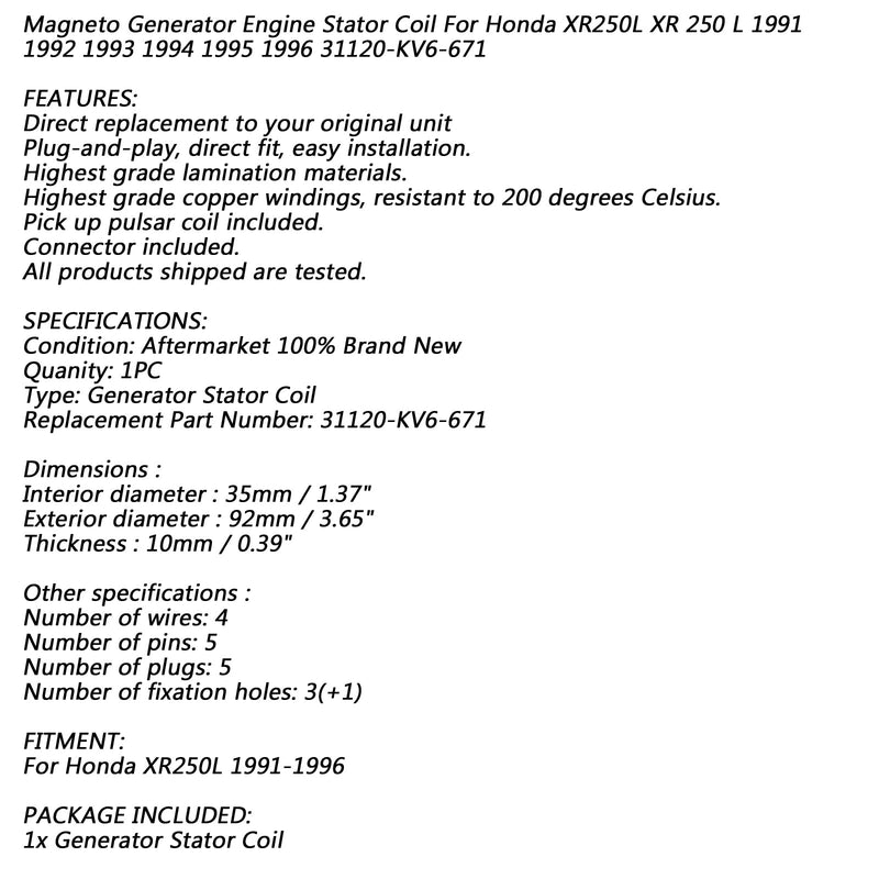 Bobina Estator Magneto Alternador 18 Polos Para Honda XR 250 L XR250L 1991-1996 Genérico