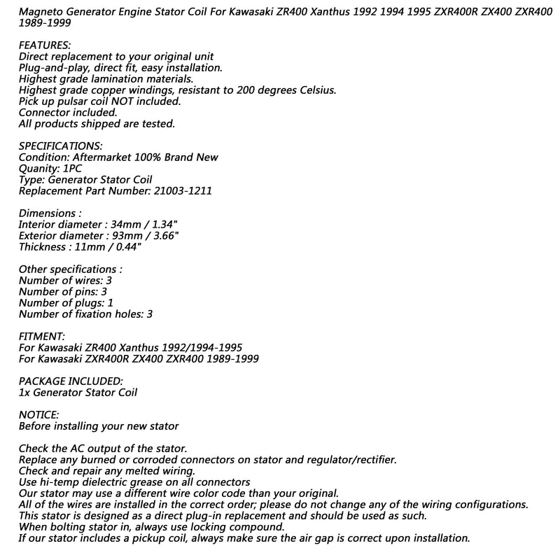 المولد الجزء الثابت لفائف لكاواساكي ZXR400R ZX400 ZXR400 ZR400 89-99 21003-1211 عام