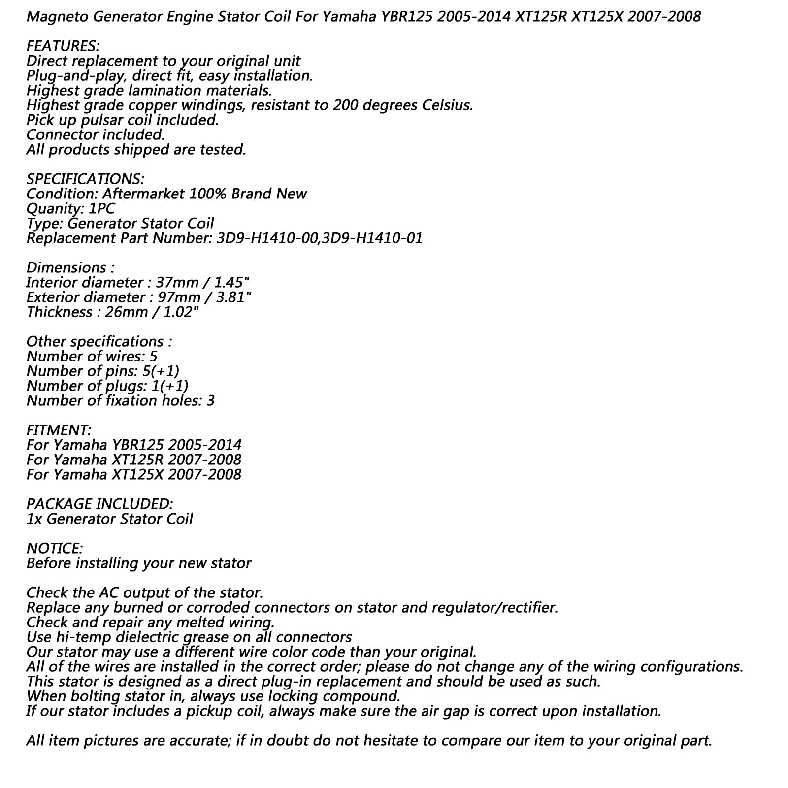 97mm Magneto Generator Stator Fit for Yamaha XT 125 R / X 2007-2008 YBR 125 ED 2005-2006
