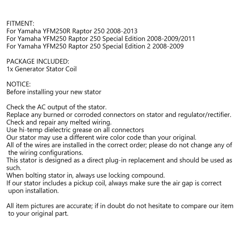 Estator generador para Yamaha Raptor 250 YFM250 YFM250R 2008-2013 4D3-81410-00 genérico
