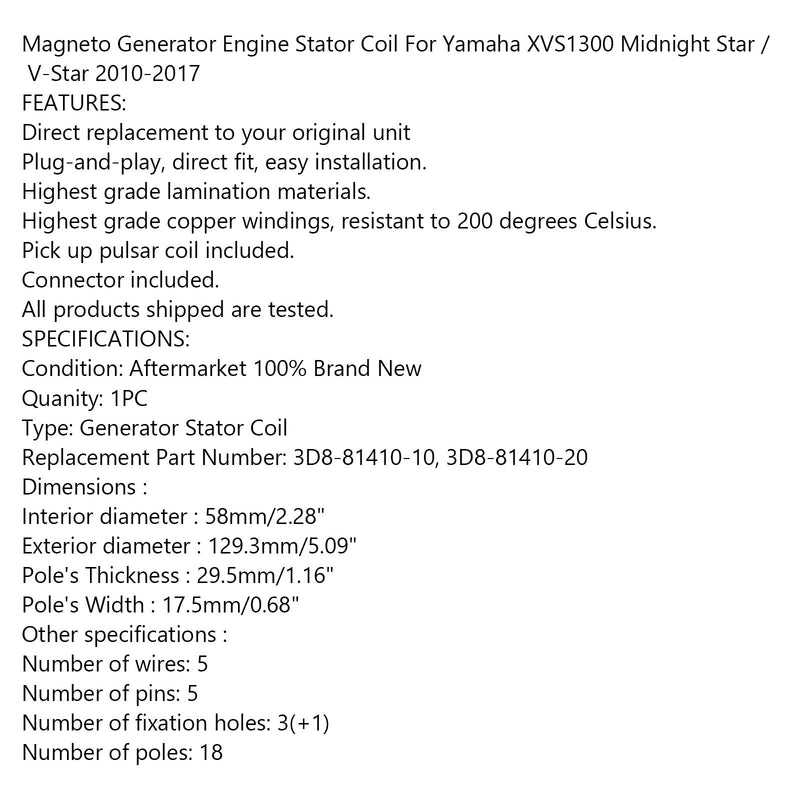 Estator del generador para Yamaha XVS1300 V-Star / Midnight Star 10-17 3D8-81410-10 Genérico