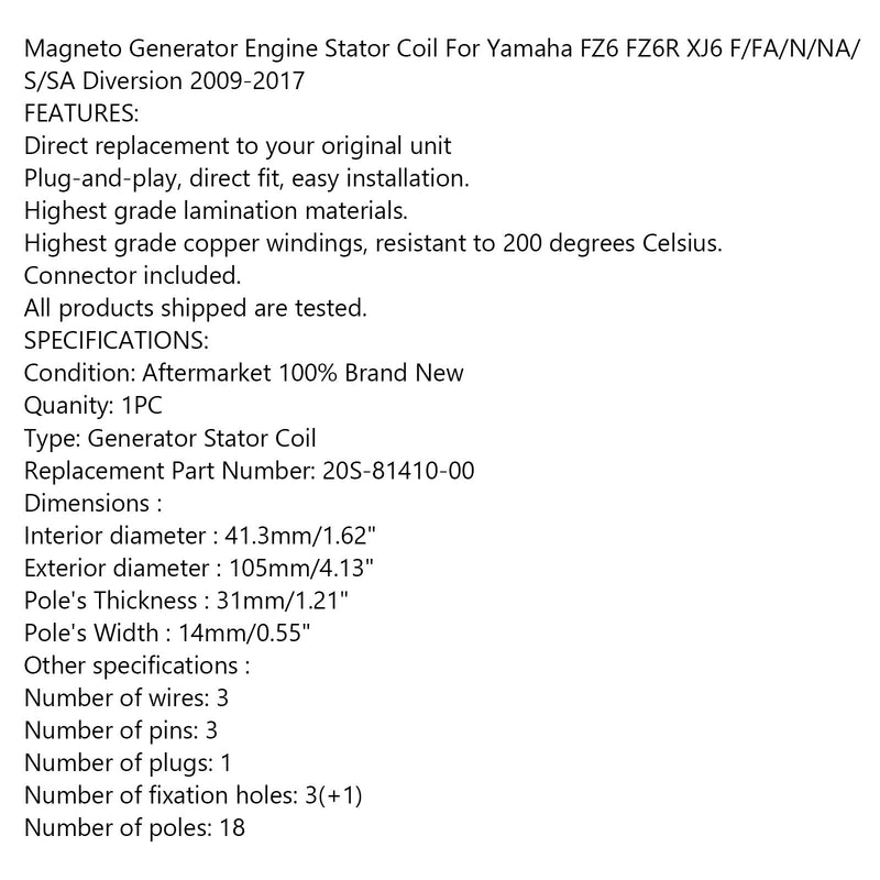 Estator generador para Yamaha XJ6 XJ6F XJ6N XJ6S Diversion 09-17 20S-81410-00 Genérico