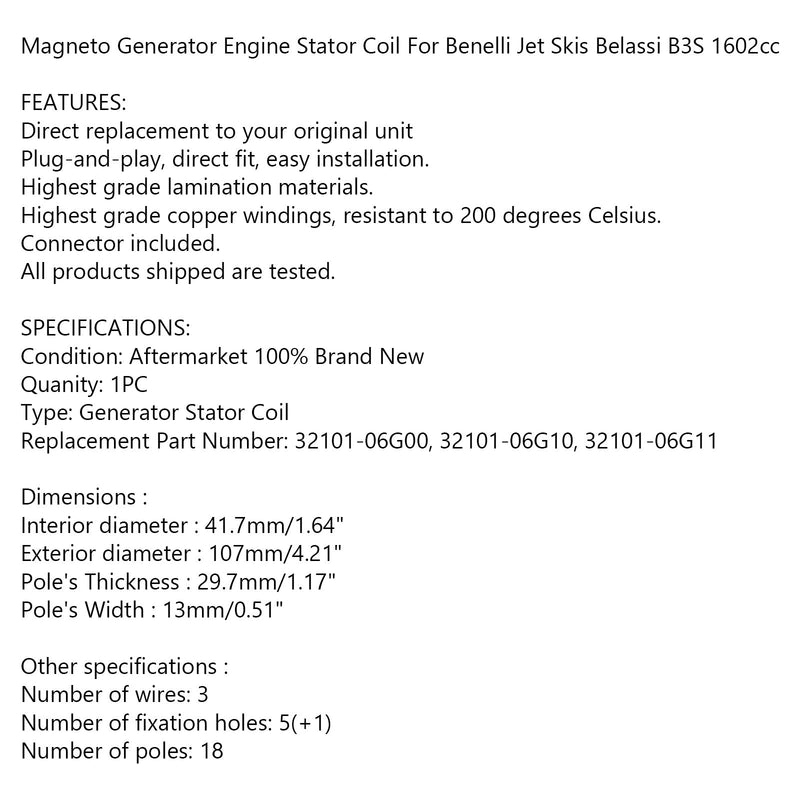 مولد الملف الثابت 18 أقطاب للزلاجات النفاثة Benelli Belassi B3S 1602cc Generic