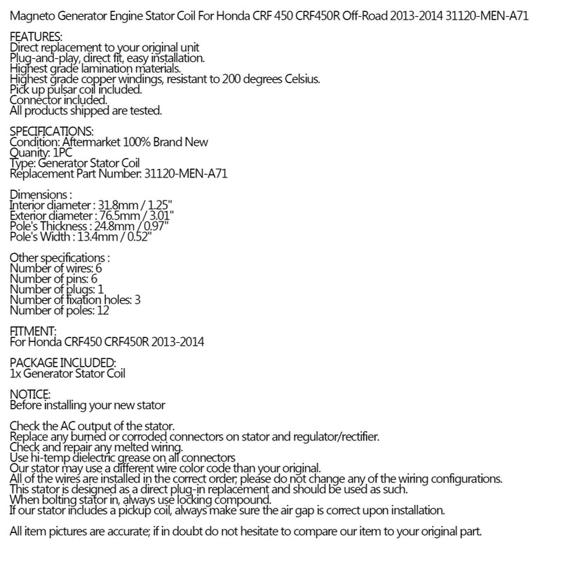 Magneto Stator Coil For Honda CRF450 CRF 450 R 13-14 Off-Road Ref 31120-MEN-A71 Generic