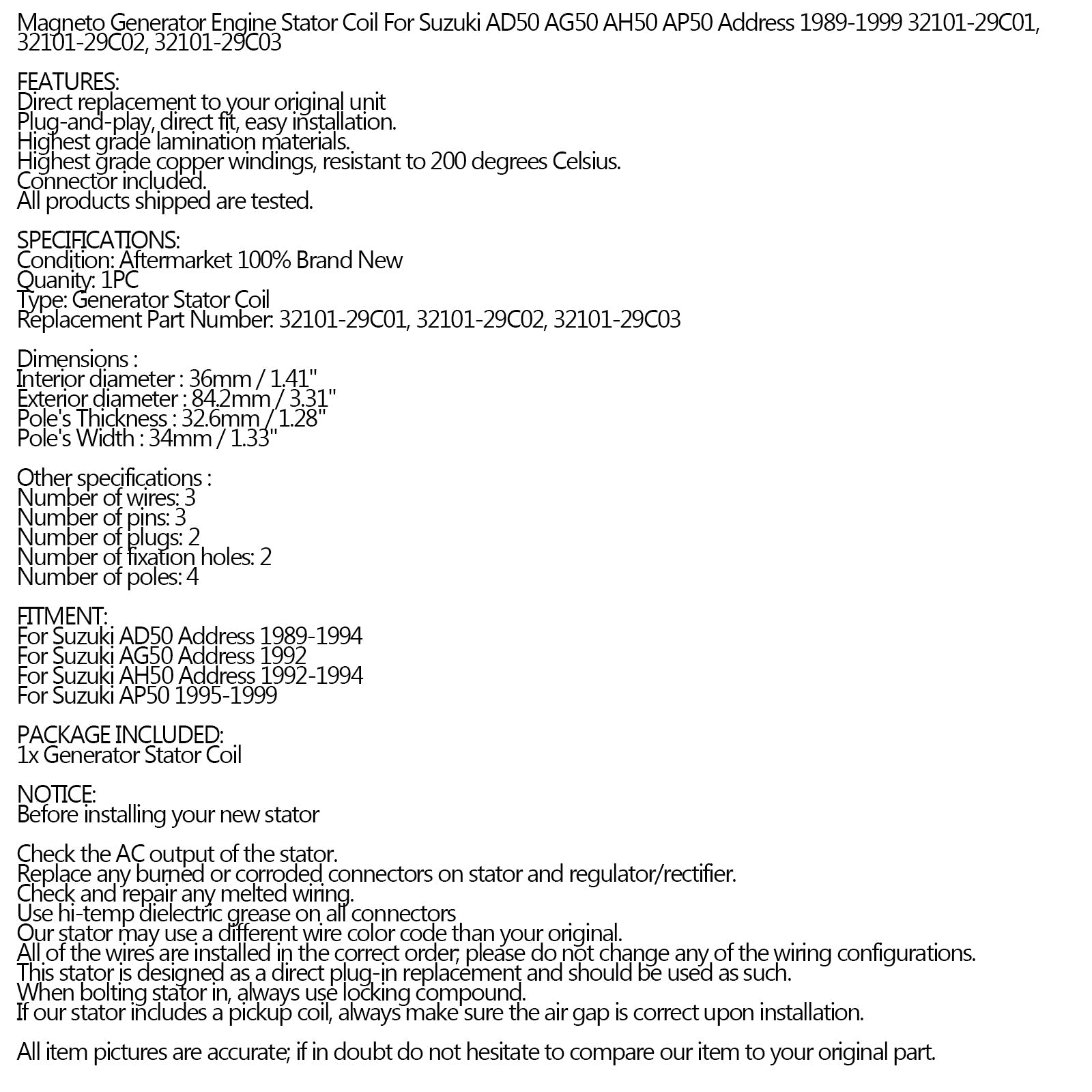 Generator Magneto Stator Coil For Suzuki Address 50 AG AD AH AP 50cc 1989-1994 Generic
