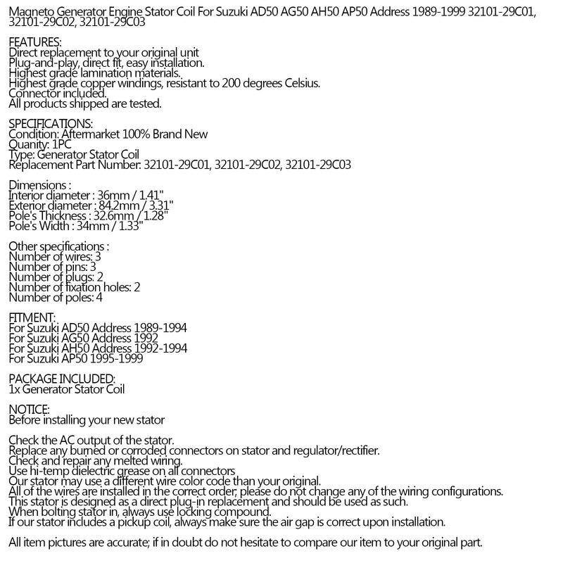 Generator Magneto Stator Coil For Suzuki Address 50 AG AD AH AP 50cc 1989-1994 Generic