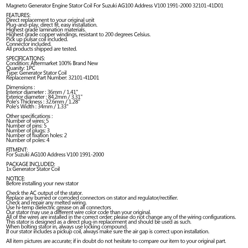 ملف مغناطيسي للجزء الثابت لسوزوكي AG100 عنوان V100 1991-2000 Ref.32101-41D01 عام