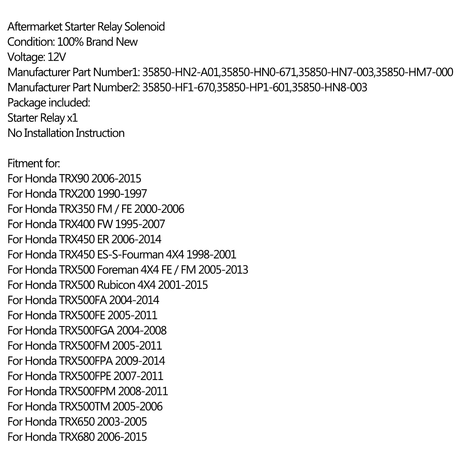 Starter Solenoid Relay Ignition For Honda TRX90 TRX200 TRX350 TRX450 TRX500 4x4 Generic