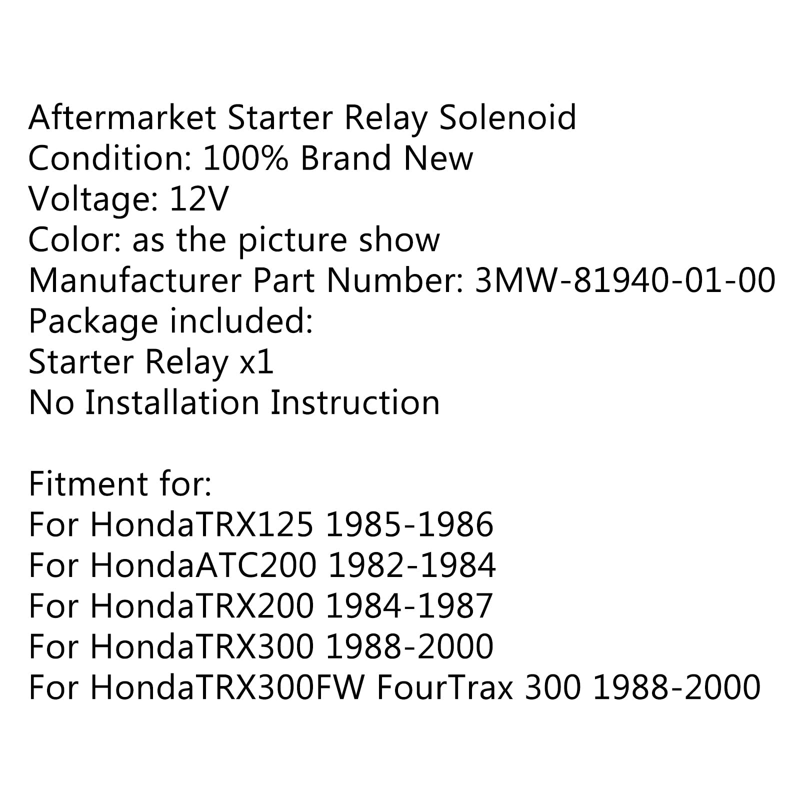 Encendido de relé de solenoide de arranque para Honda TRX125 85-86 ATC200 TRX 200 300 genérico