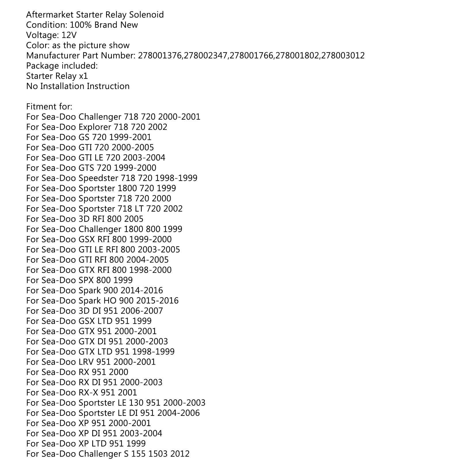 Relay Starter Solenoid For Sea-Doo 278001376 and 278002347 Explorer GTI GSX GTS Generic