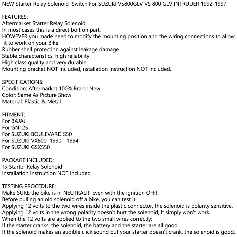 Relé de solenoide de arranque para SUZUKI VS800GLV VS 800 GLV INTRUDER 1992-1997 Motor genérico