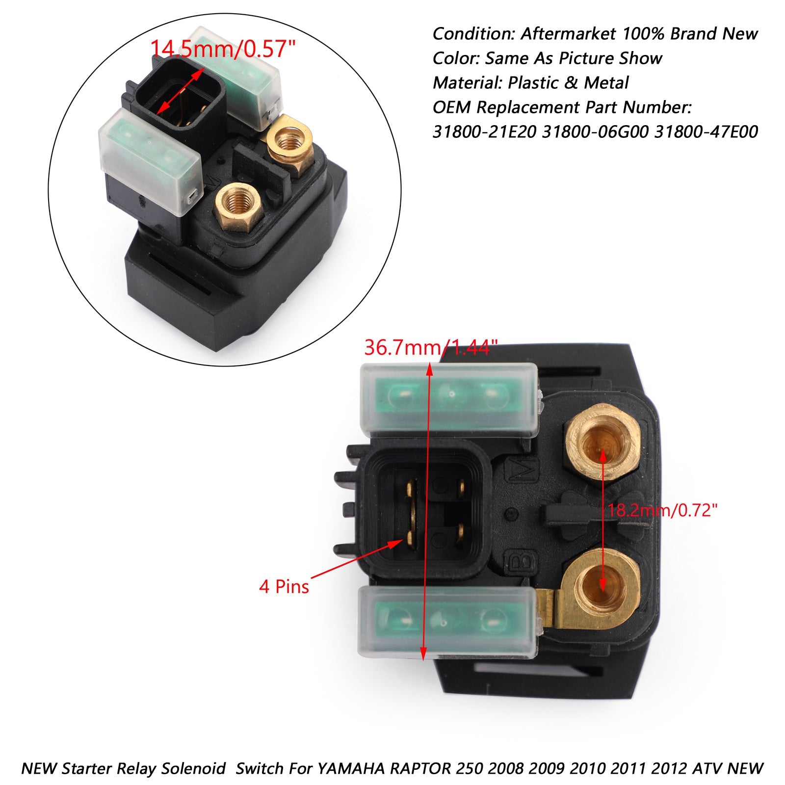 Solenoide de relé de arranque compatible con YAMAHA RAPTOR 250 2008 2009 2010 2011 2012 ATV nuevo genérico