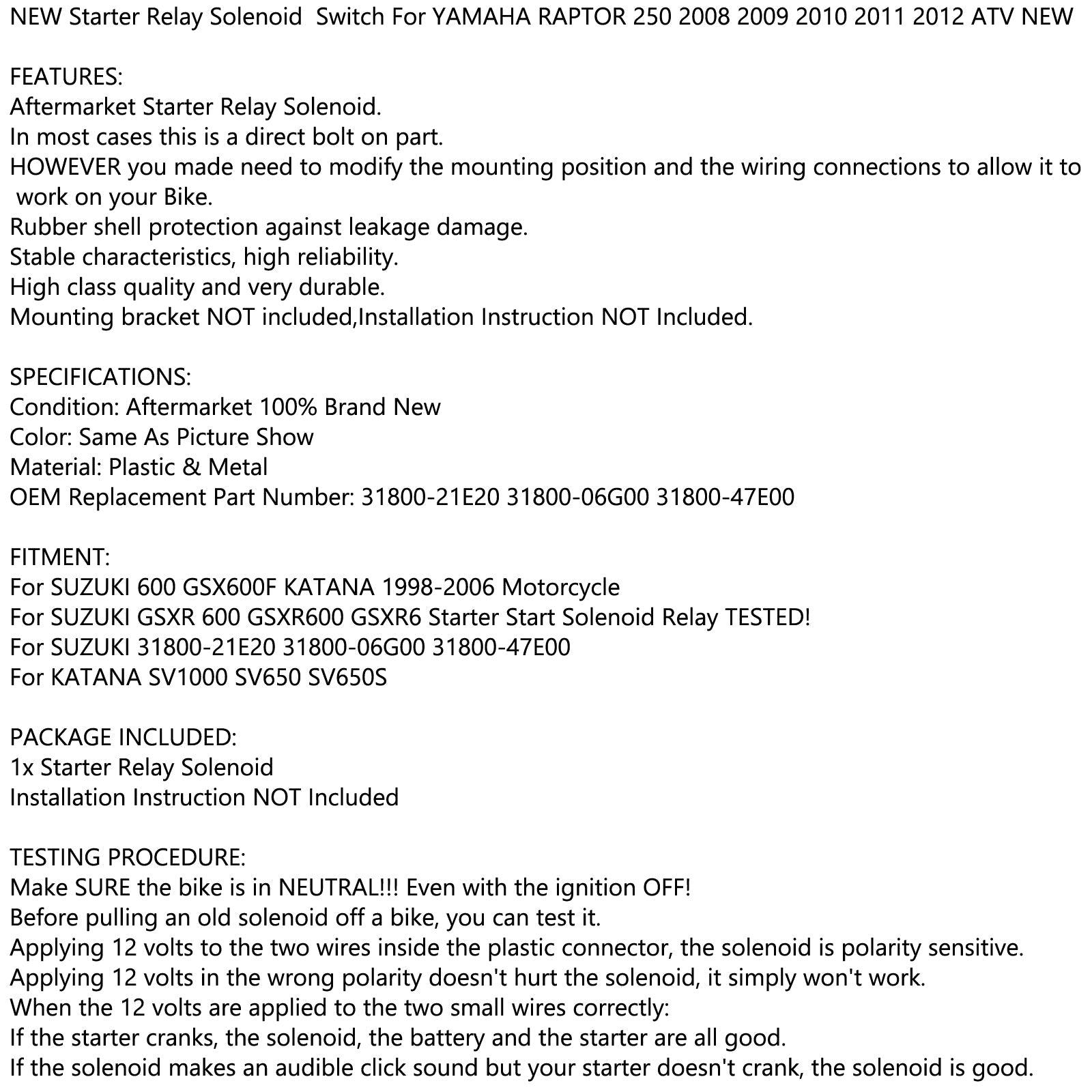 Starter Relay Solenoid FITS YAMAHA RAPTOR 250 2008 2009 2010 2011 2012 ATV NEW Generic