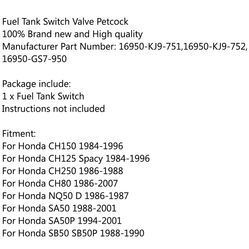 Interruptor de llave de purga de combustible para Honda Elite CH80 CH150 Spree 50 Aero SA50 SE50 NB50 NQ50 genérico